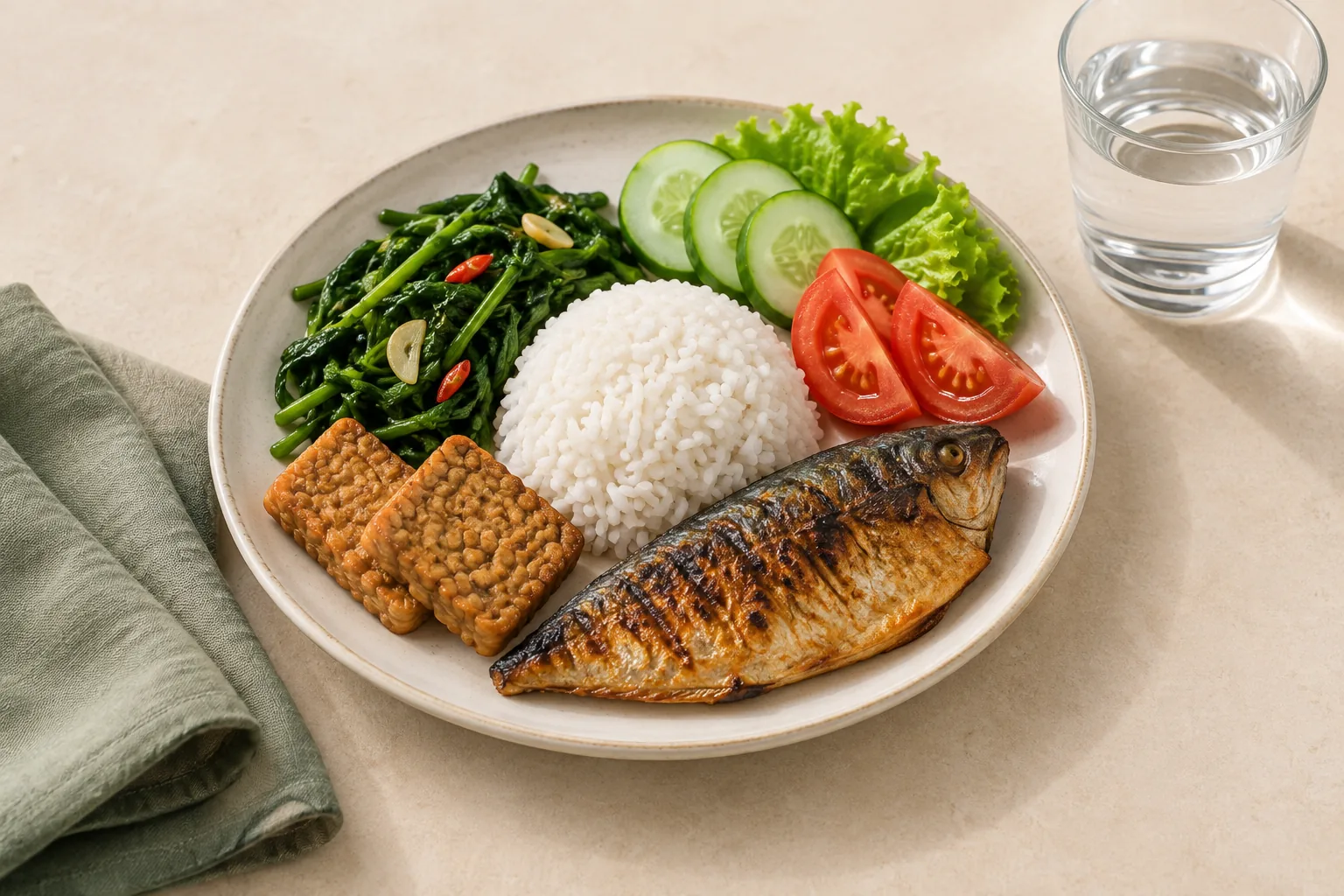 Piring makanan seimbang dengan ikan, sayur hijau, dan nasi