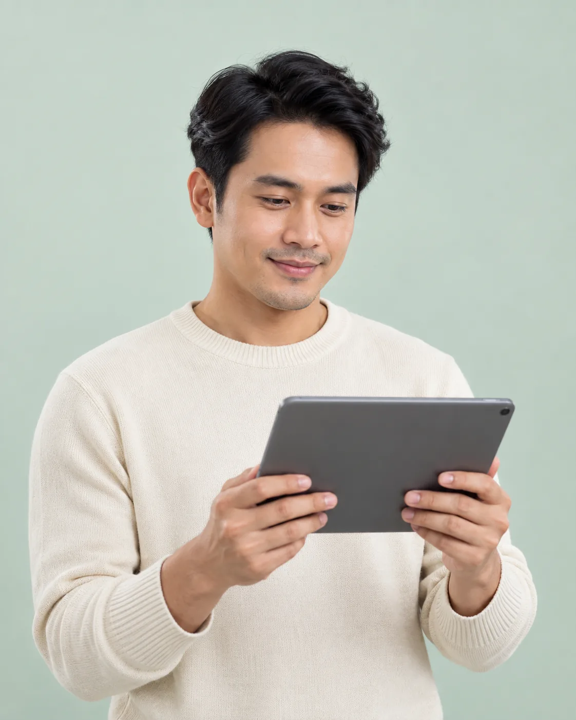 Pria Indonesia membaca informasi program melalui tablet dengan tenang
